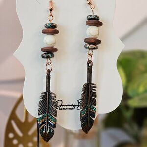 Western Chic Feather Earrings with Blues, Greens, white and brown, Long Dangle